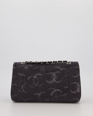 Chanel Black Charcoal Medium Double Flap Bag in Denim with Silver Hardware and Sequin Embellished CC Detail
