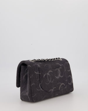 Chanel Black Charcoal Medium Double Flap Bag in Denim with Silver Hardware and Sequin Embellished CC Detail