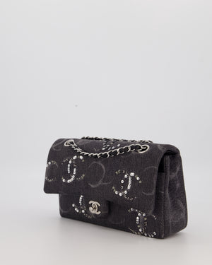 Chanel Black Charcoal Medium Double Flap Bag in Denim with Silver Hardware and Sequin Embellished CC Detail