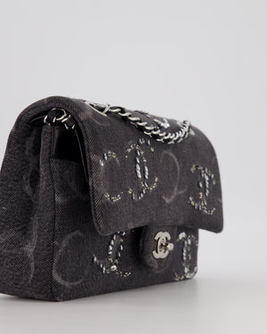 Chanel Black Charcoal Medium Double Flap Bag in Denim with Silver Hardware and Sequin Embellished CC Detail