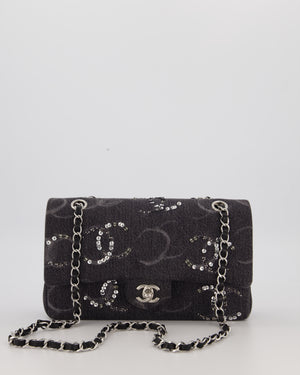 Chanel Black Charcoal Medium Double Flap Bag in Denim with Silver Hardware and Sequin Embellished CC Detail