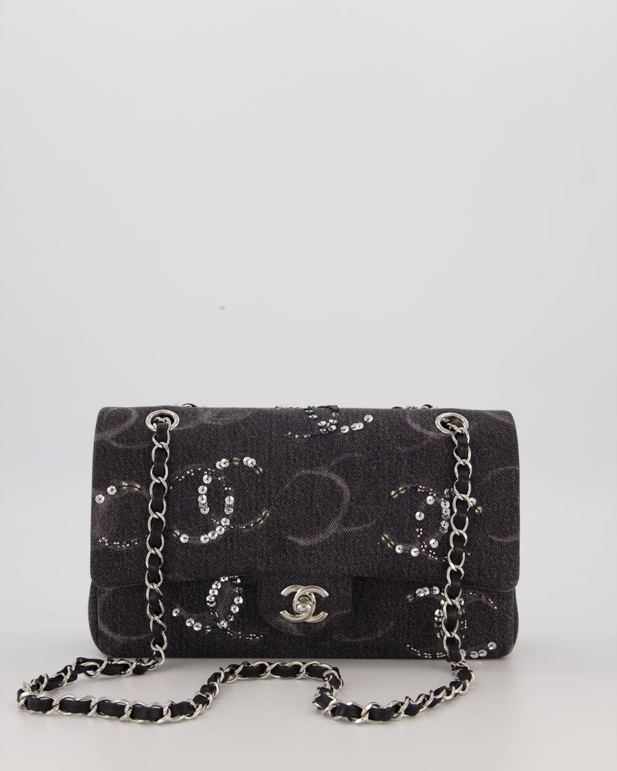 Chanel Black Charcoal Medium Double Flap Bag in Denim with Silver Hardware and Sequin Embellished CC Detail