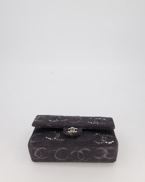 Chanel Black Charcoal Medium Double Flap Bag in Denim with Silver Hardware and Sequin Embellished CC Detail