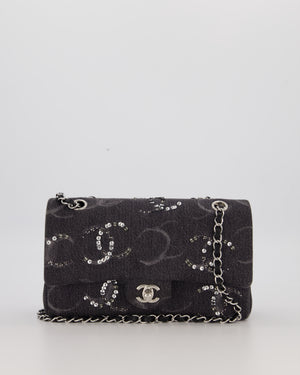 Chanel Black Charcoal Medium Double Flap Bag in Denim with Silver Hardware and Sequin Embellished CC Detail