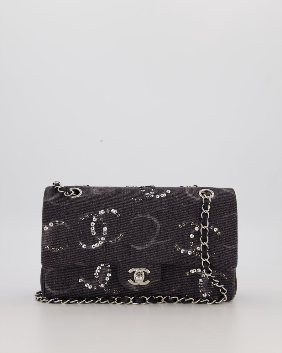 Chanel Black Charcoal Medium Double Flap Bag in Denim with Silver Hardware and Sequin Embellished CC Detail