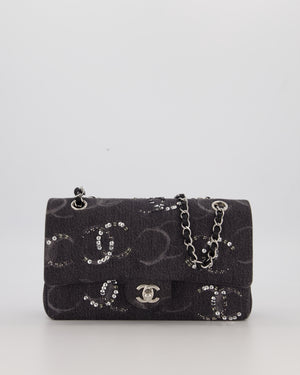 Chanel Black Charcoal Medium Double Flap Bag in Denim with Silver Hardware and Sequin Embellished CC Detail