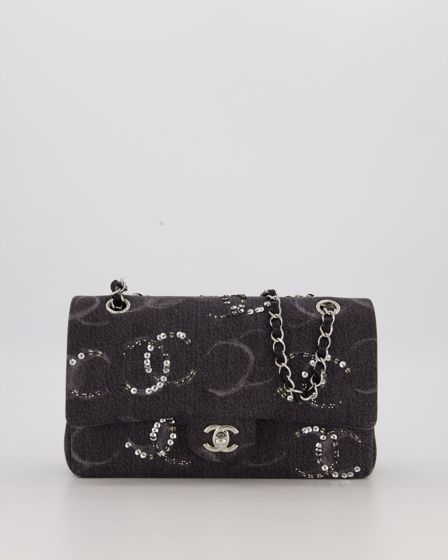 Chanel Black Charcoal Medium Double Flap Bag in Denim with Silver Hardware and Sequin Embellished CC Detail