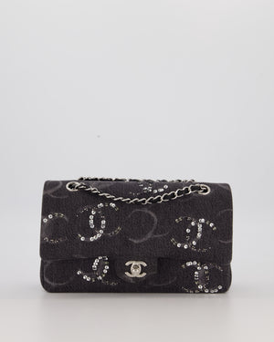 Chanel Black Charcoal Medium Double Flap Bag in Denim with Silver Hardware and Sequin Embellished CC Detail