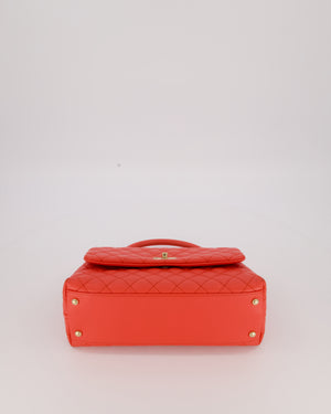 Chanel Medium Coral Red Coco Flap Top Handle Bag in Caviar Leather and Gold Hardware