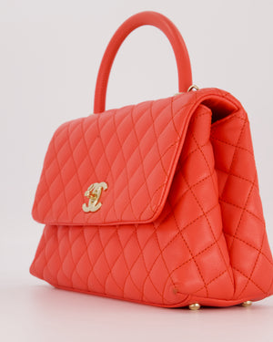 Chanel Medium Coral Red Coco Flap Top Handle Bag in Caviar Leather and Gold Hardware