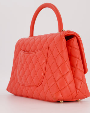 Chanel Medium Coral Red Coco Flap Top Handle Bag in Caviar Leather and Gold Hardware