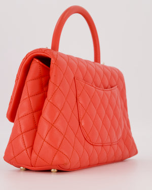 Chanel Medium Coral Red Coco Flap Top Handle Bag in Caviar Leather and Gold Hardware