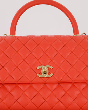 Chanel Medium Coral Red Coco Flap Top Handle Bag in Caviar Leather and Gold Hardware