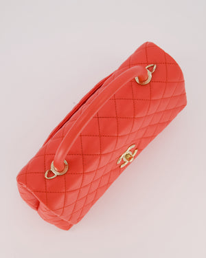 Chanel Medium Coral Red Coco Flap Top Handle Bag in Caviar Leather and Gold Hardware