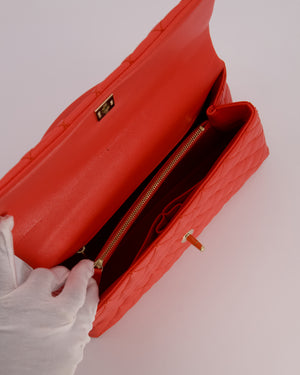 Chanel Medium Coral Red Coco Flap Top Handle Bag in Caviar Leather and Gold Hardware