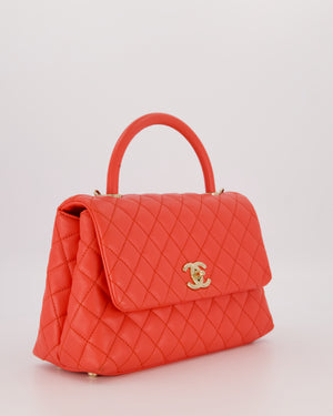 Chanel Medium Coral Red Coco Flap Top Handle Bag in Caviar Leather and Gold Hardware