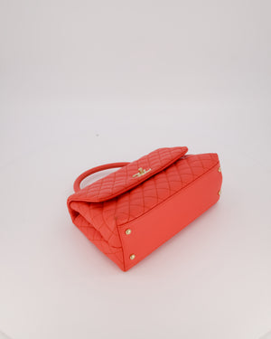 Chanel Medium Coral Red Coco Flap Top Handle Bag in Caviar Leather and Gold Hardware