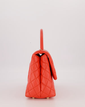 Chanel Medium Coral Red Coco Flap Top Handle Bag in Caviar Leather and Gold Hardware