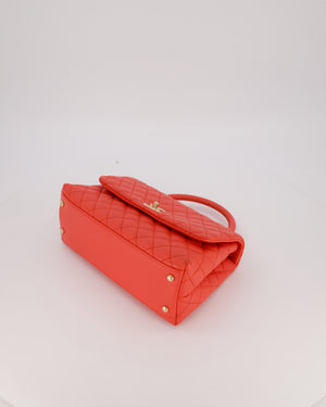 Chanel Medium Coral Red Coco Flap Top Handle Bag in Caviar Leather and Gold Hardware