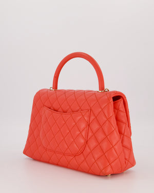Chanel Medium Coral Red Coco Flap Top Handle Bag in Caviar Leather and Gold Hardware