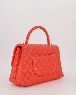 Chanel Medium Coral Red Coco Flap Top Handle Bag in Caviar Leather and Gold Hardware