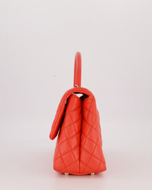 Chanel Medium Coral Red Coco Flap Top Handle Bag in Caviar Leather and Gold Hardware