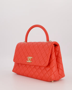 Chanel Medium Coral Red Coco Flap Top Handle Bag in Caviar Leather and Gold Hardware