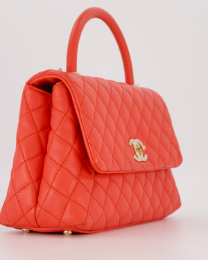 Chanel Medium Coral Red Coco Flap Top Handle Bag in Caviar Leather and Gold Hardware
