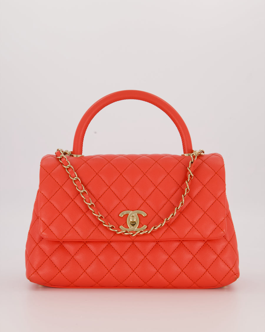 Chanel Medium Coral Red Coco Flap Top Handle Bag in Caviar Leather and Gold Hardware