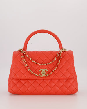 Chanel Medium Coral Red Coco Flap Top Handle Bag in Caviar Leather and Gold Hardware