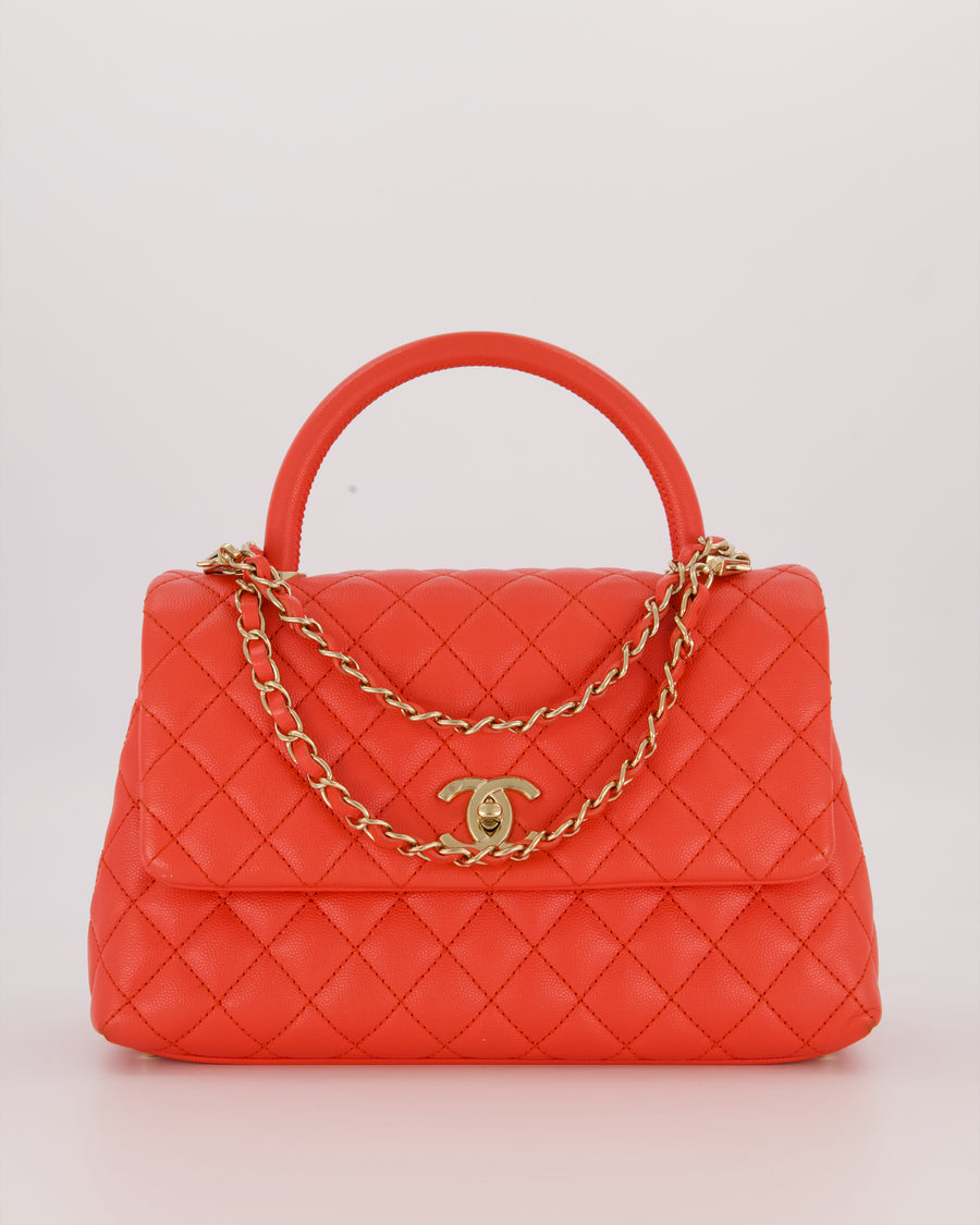 Chanel Medium Coral Red Coco Flap Top Handle Bag in Caviar Leather and Gold Hardware