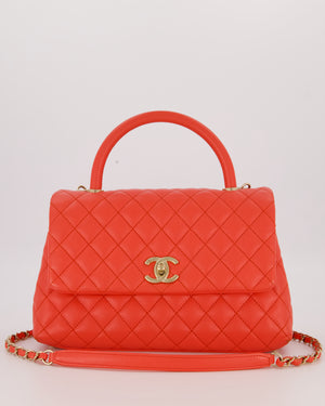Chanel Medium Coral Red Coco Flap Top Handle Bag in Caviar Leather and Gold Hardware