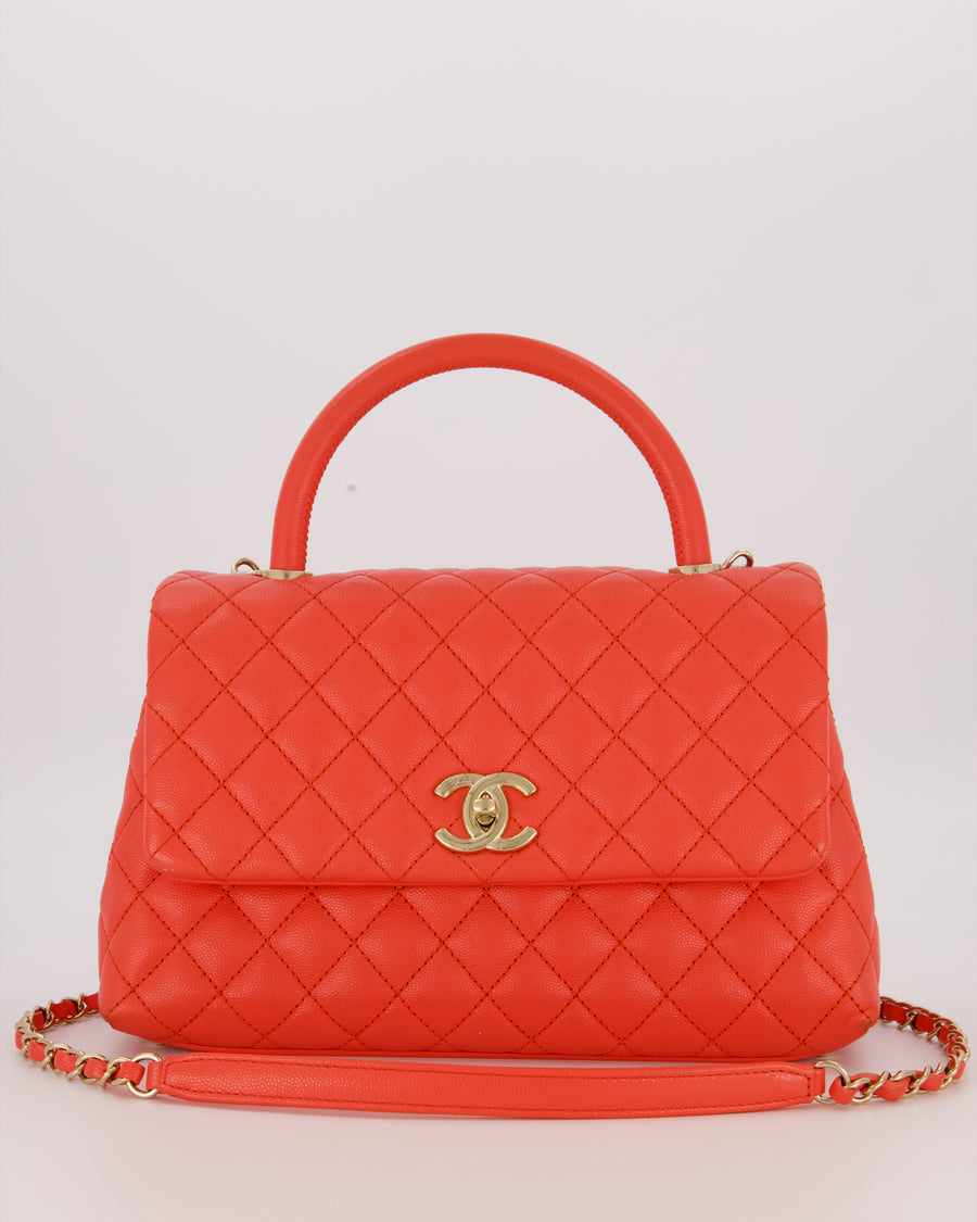 Chanel Medium Coral Red Coco Flap Top Handle Bag in Caviar Leather and Gold Hardware