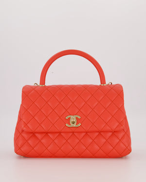 Chanel Medium Coral Red Coco Flap Top Handle Bag in Caviar Leather and Gold Hardware