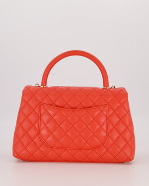 Chanel Medium Coral Red Coco Flap Top Handle Bag in Caviar Leather and Gold Hardware