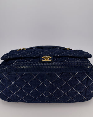Chanel Blue XL Bowling Shoulder Bag in Blue Quilted Denim with Brushed Gold Hardware