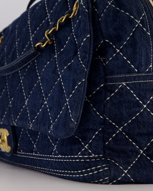 Chanel Blue XL Bowling Shoulder Bag in Blue Quilted Denim with Brushed Gold Hardware