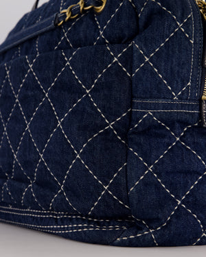 Chanel Blue XL Bowling Shoulder Bag in Blue Quilted Denim with Brushed Gold Hardware