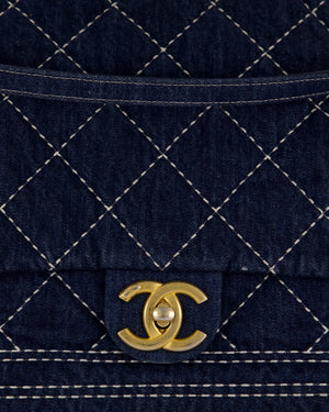 Chanel Blue XL Bowling Shoulder Bag in Blue Quilted Denim with Brushed Gold Hardware