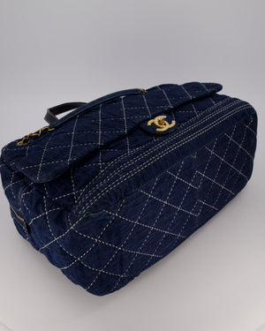 Chanel Blue XL Bowling Shoulder Bag in Blue Quilted Denim with Brushed Gold Hardware