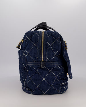 Chanel Blue XL Bowling Shoulder Bag in Blue Quilted Denim with Brushed Gold Hardware