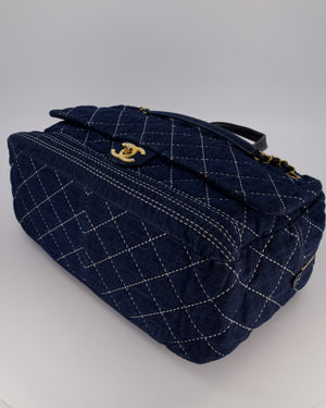 Chanel Blue XL Bowling Shoulder Bag in Blue Quilted Denim with Brushed Gold Hardware