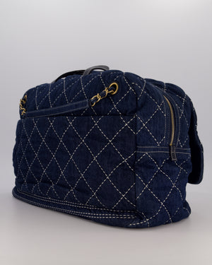 Chanel Blue XL Bowling Shoulder Bag in Blue Quilted Denim with Brushed Gold Hardware