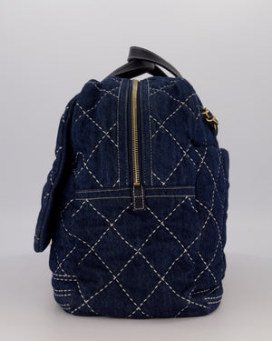 Chanel Blue XL Bowling Shoulder Bag in Blue Quilted Denim with Brushed Gold Hardware