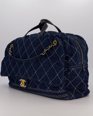 Chanel Blue XL Bowling Shoulder Bag in Blue Quilted Denim with Brushed Gold Hardware
