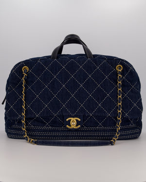 Chanel Blue XL Bowling Shoulder Bag in Blue Quilted Denim with Brushed Gold Hardware