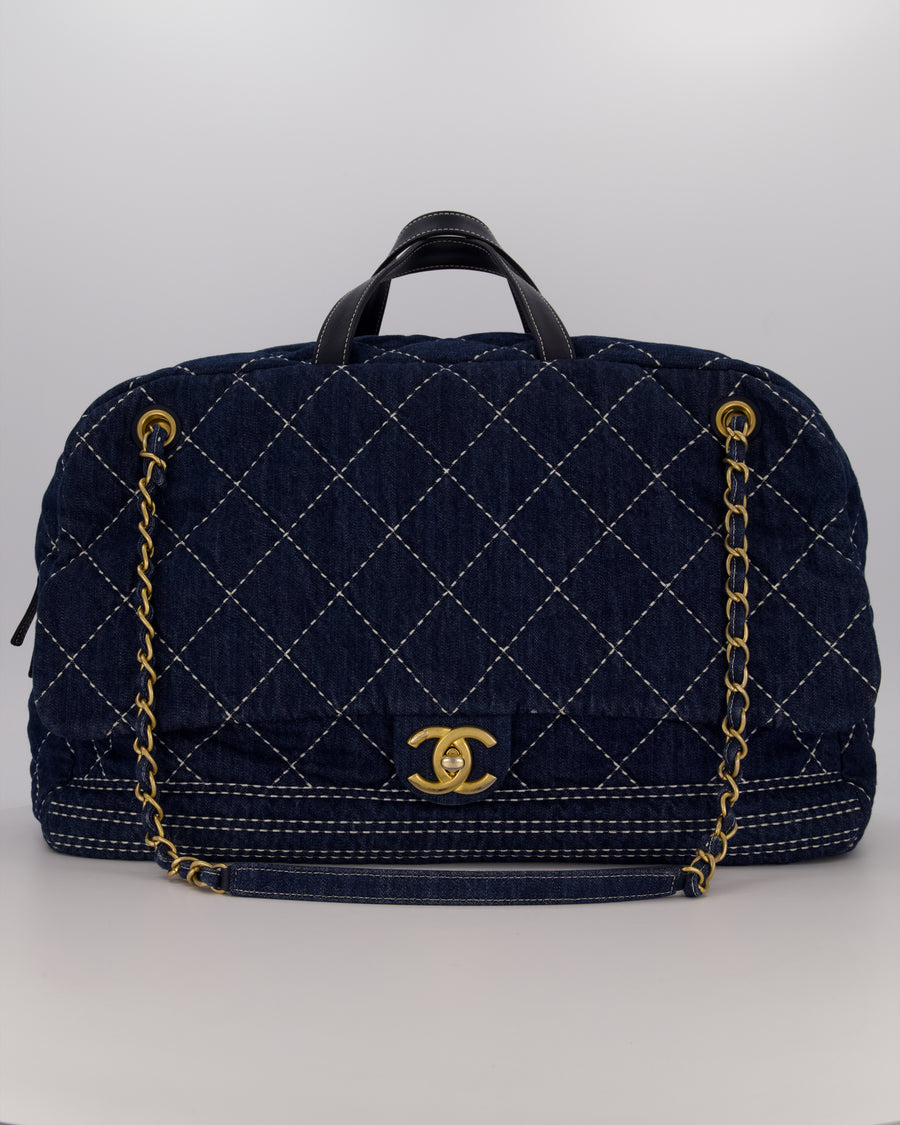 Chanel Blue XL Bowling Shoulder Bag in Blue Quilted Denim with Brushed Gold Hardware