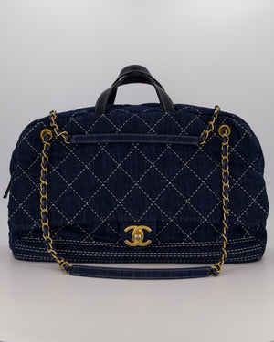 Chanel Blue XL Bowling Shoulder Bag in Blue Quilted Denim with Brushed Gold Hardware