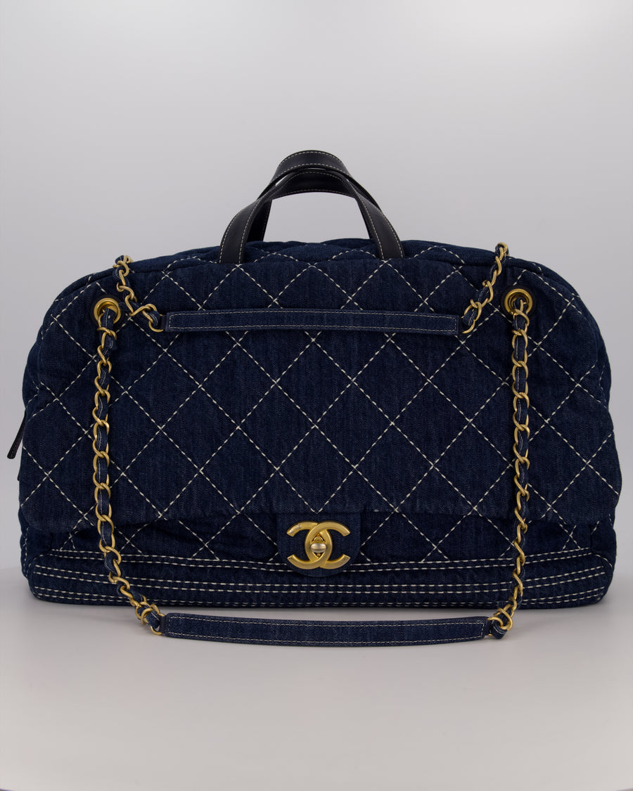 Chanel Blue XL Bowling Shoulder Bag in Blue Quilted Denim with Brushed Gold Hardware