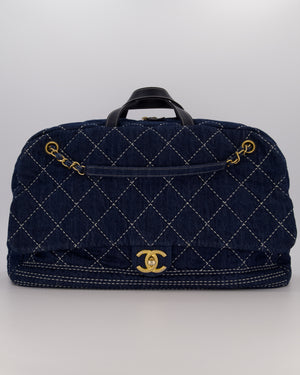 Chanel Blue XL Bowling Shoulder Bag in Blue Quilted Denim with Brushed Gold Hardware